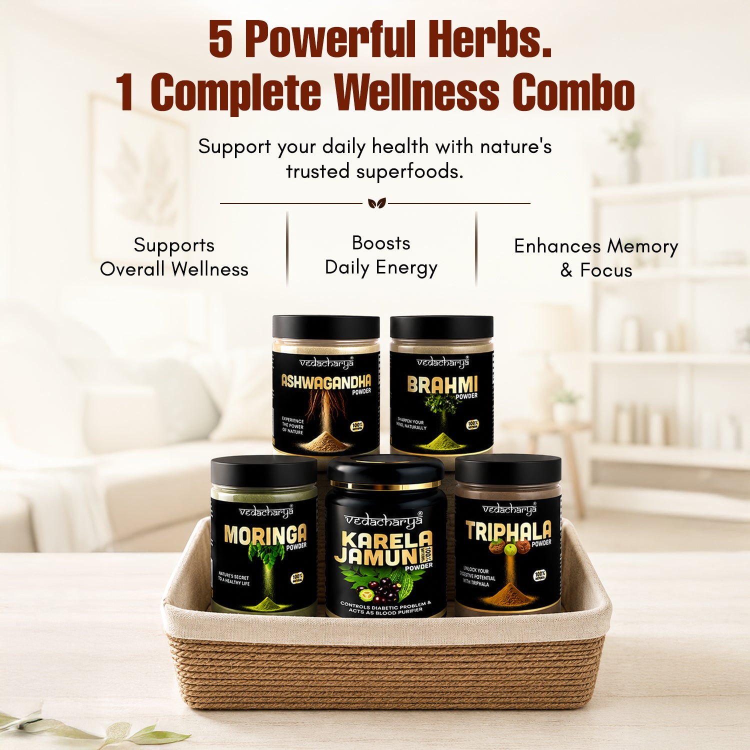 Ashwagandha, Brahmi, Moringa, Karela Jamun & Triphala Powder Combo