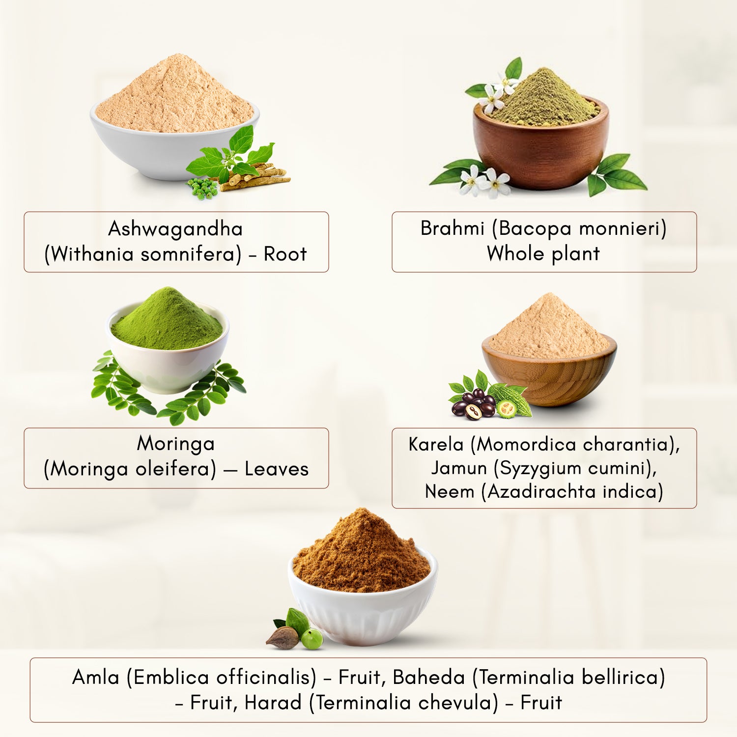 Ashwagandha, Brahmi, Moringa, Karela Jamun & Triphala Powder Combo