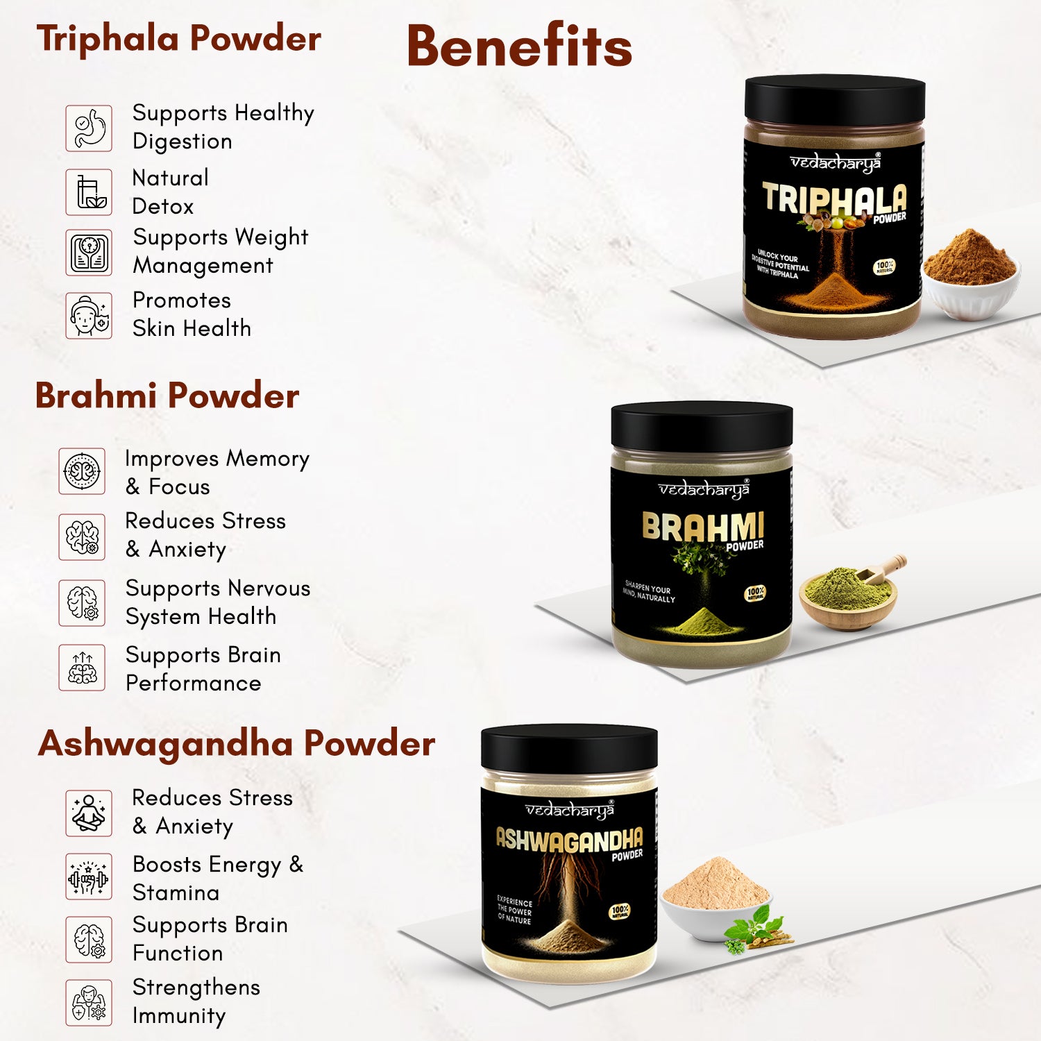 Ashwagandha, Triphala, Brahmi Powder Combo