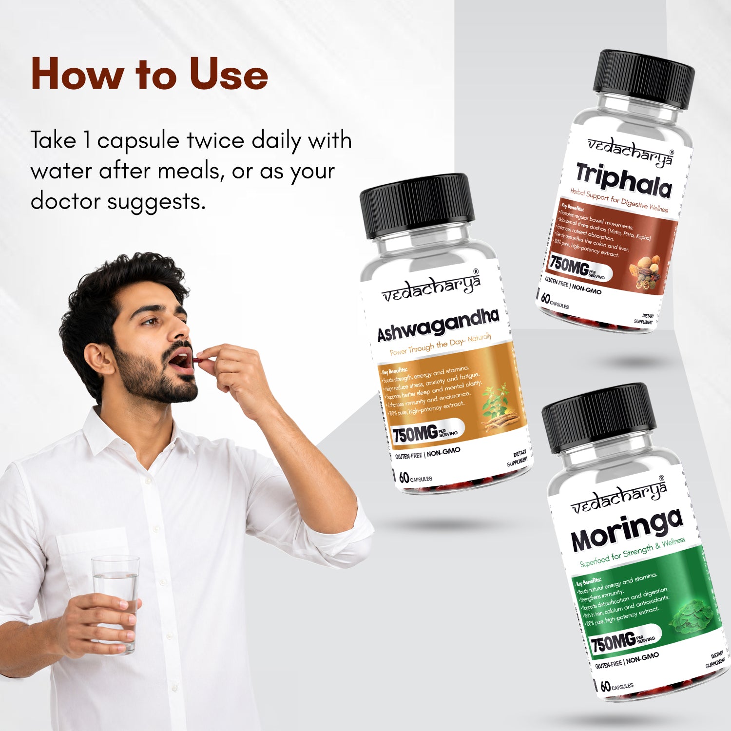 Ashwagandha,Triphala & Moringa Capsules Combo
