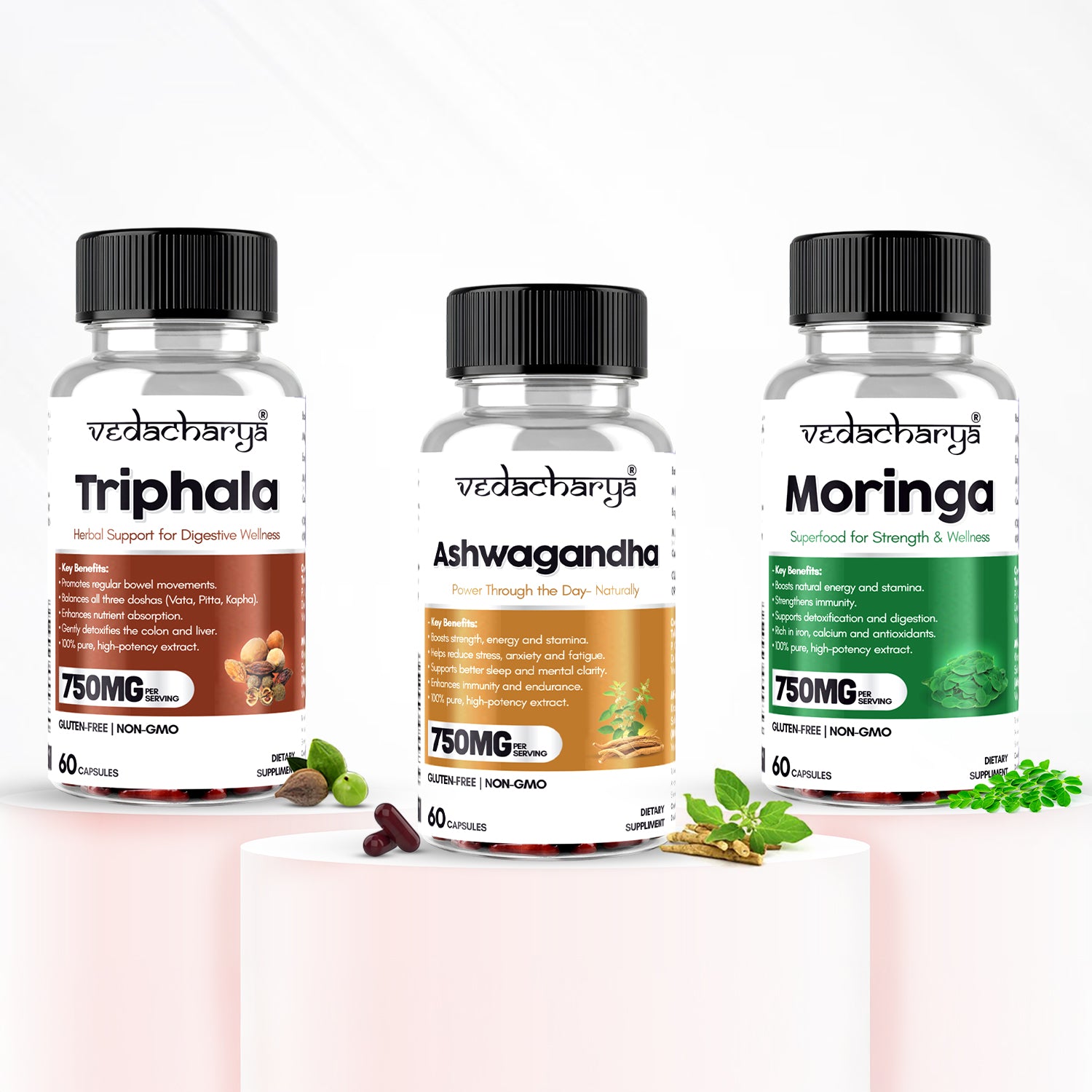 Ashwagandha,Triphala & Moringa Capsules Combo