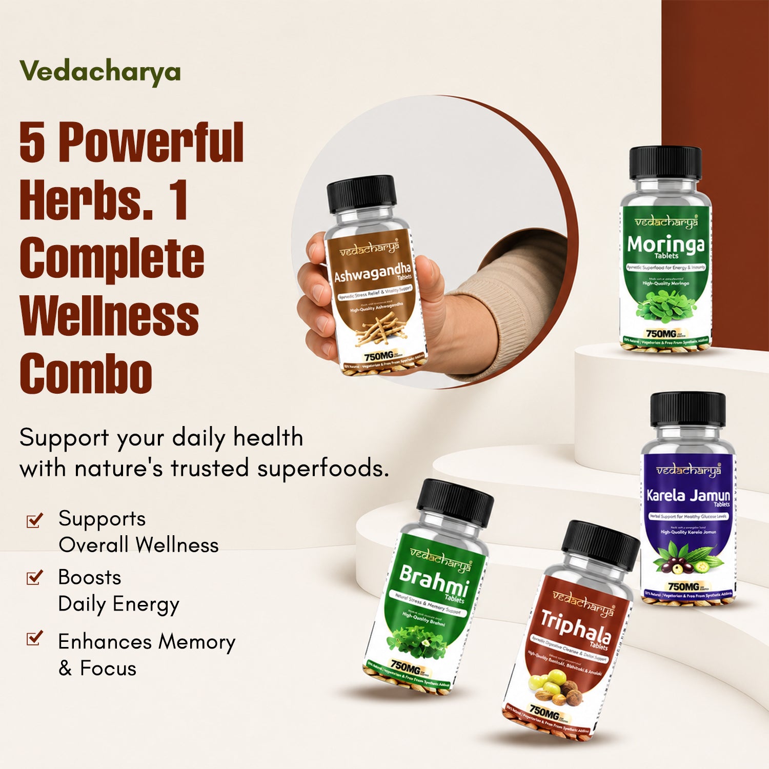 Triphala, Brahmi, Ashwagandha, Karela Jamun & Moringa Tablets Combo