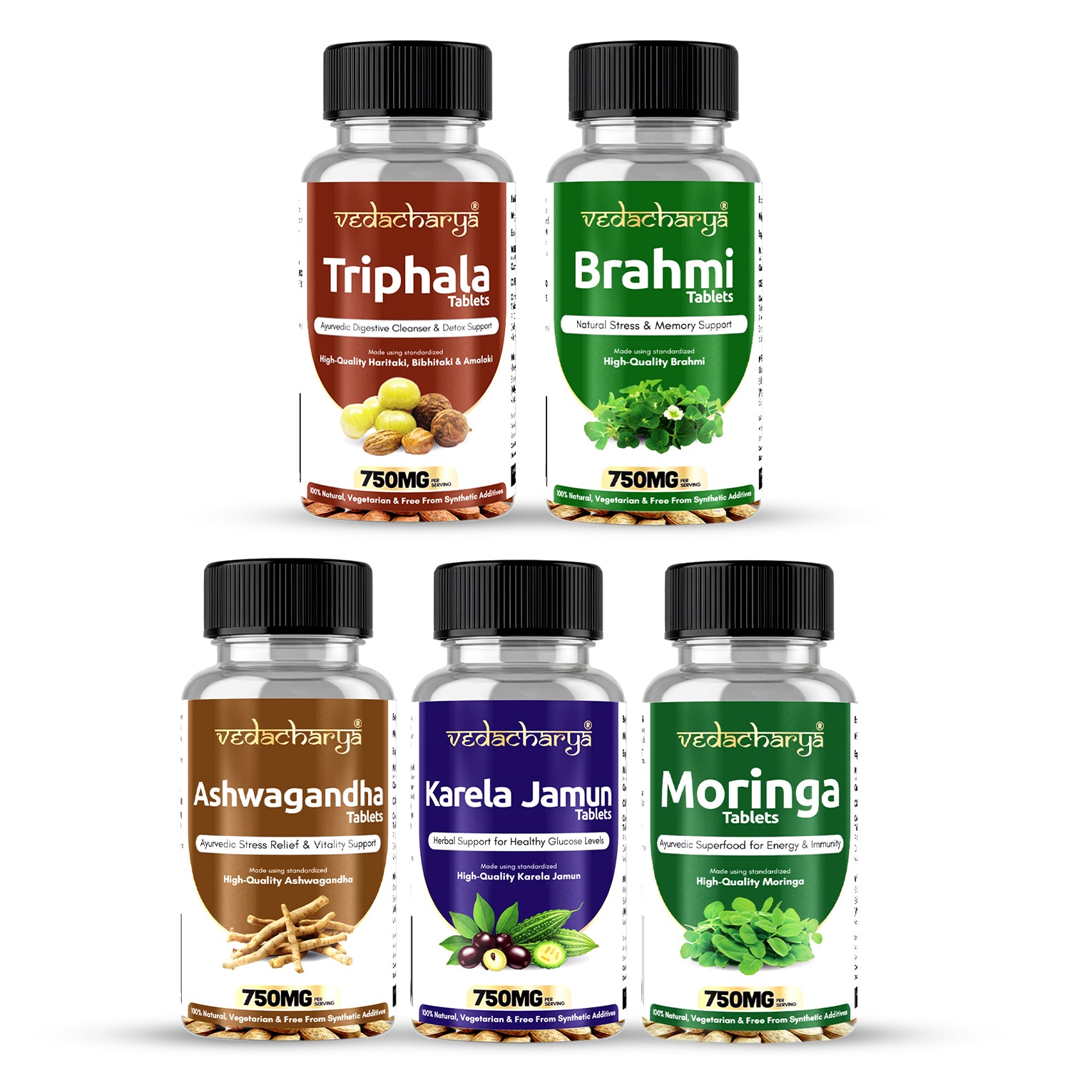 Vedachrya Ashwagandha, Brahmi, Moringa,Triphala & Karela Jamun Tablets Combo