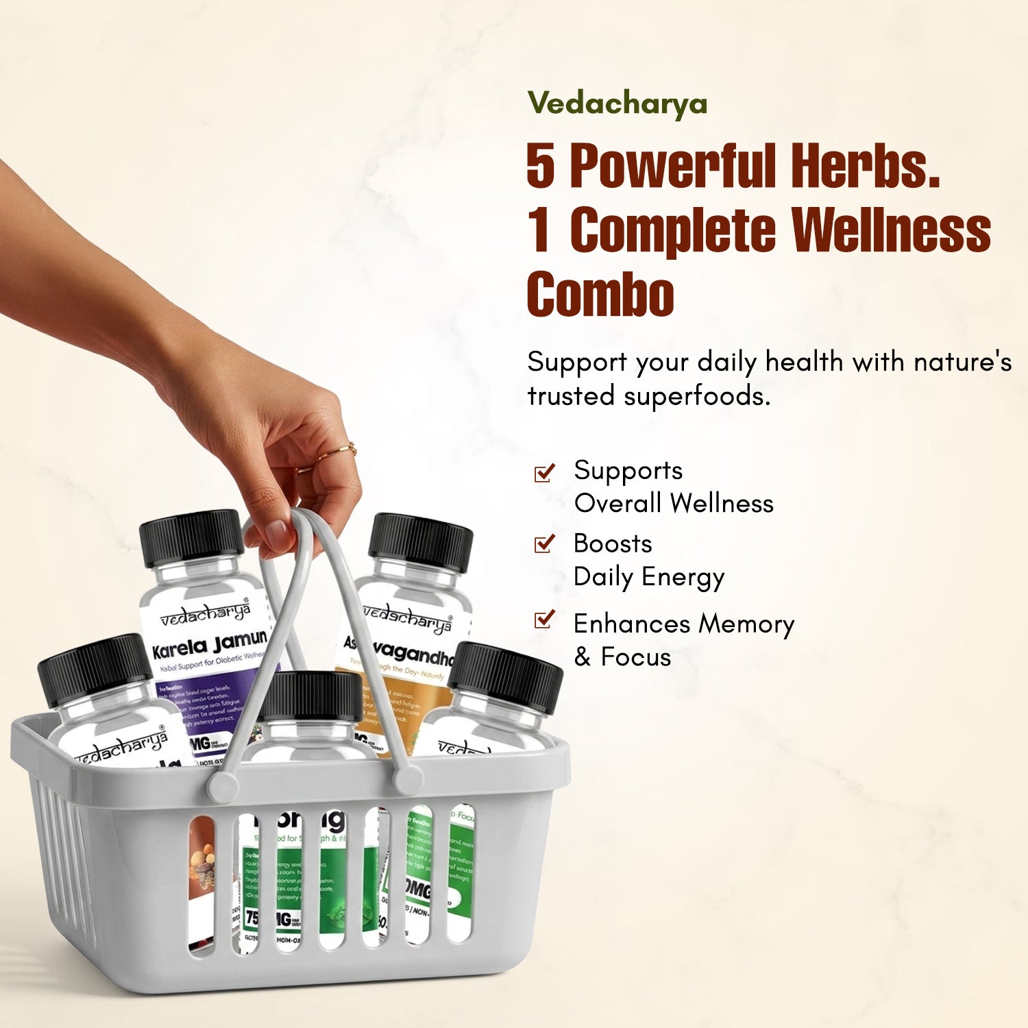 Karela Jamun, Moringa, Ashwagandha, Triphala, & Brahmi Capsules Combo