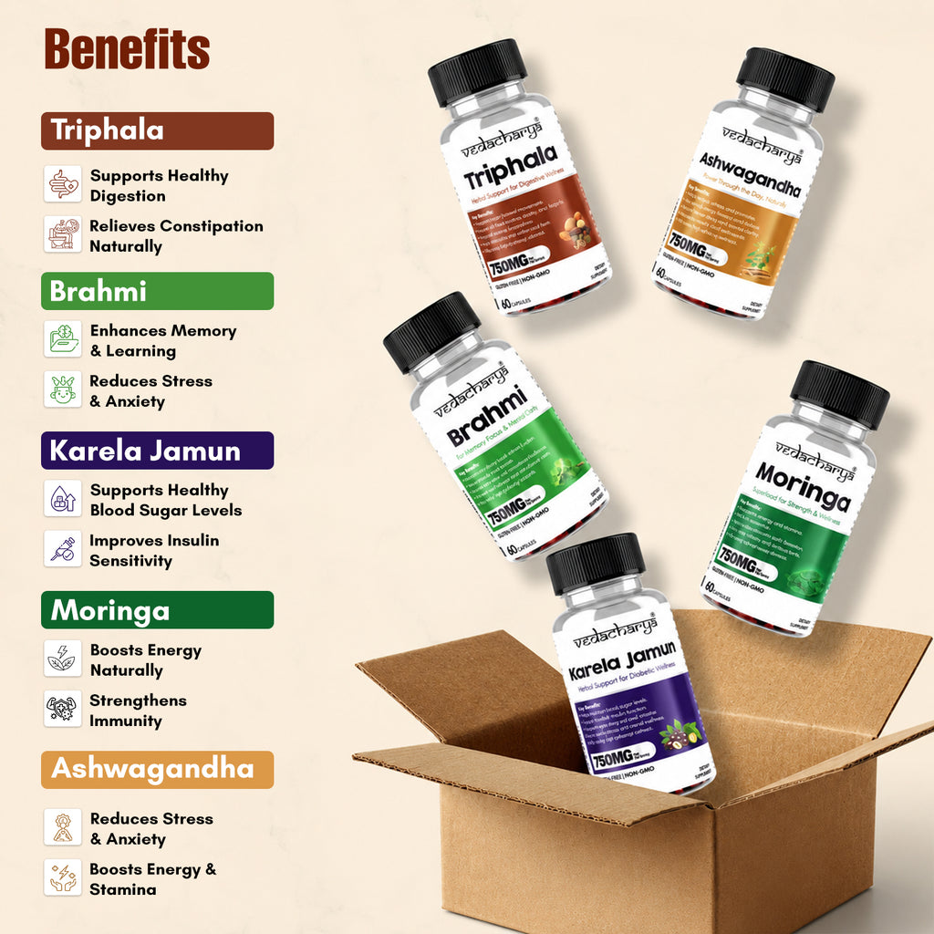 Karela Jamun, Moringa, Ashwagandha, Triphala, & Brahmi Capsules Combo