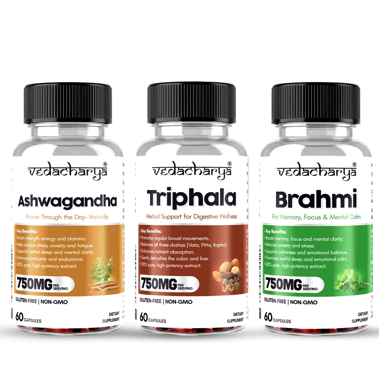 Vedacharya Triphala, Brahmi, Ashwagandha Capsules Combo