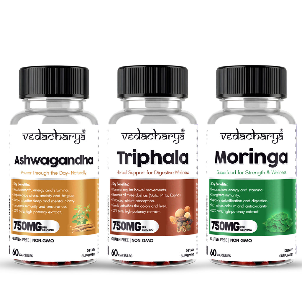 Vedacharya Triphala, Moringa, Ashwagandha Capsules Combo