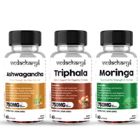 Vedacharya Ashwagandha,Triphala & Moringa Capsules Combo