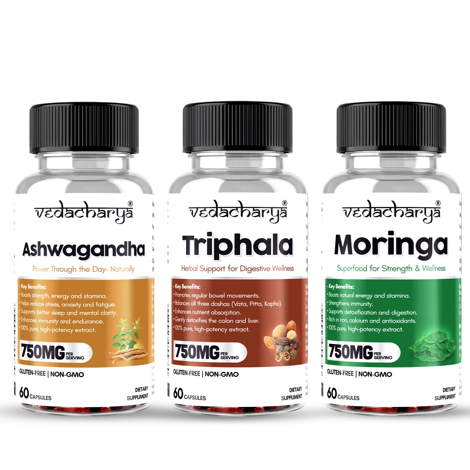 Vedacharya Triphala, Moringa, Ashwagandha Capsules Combo