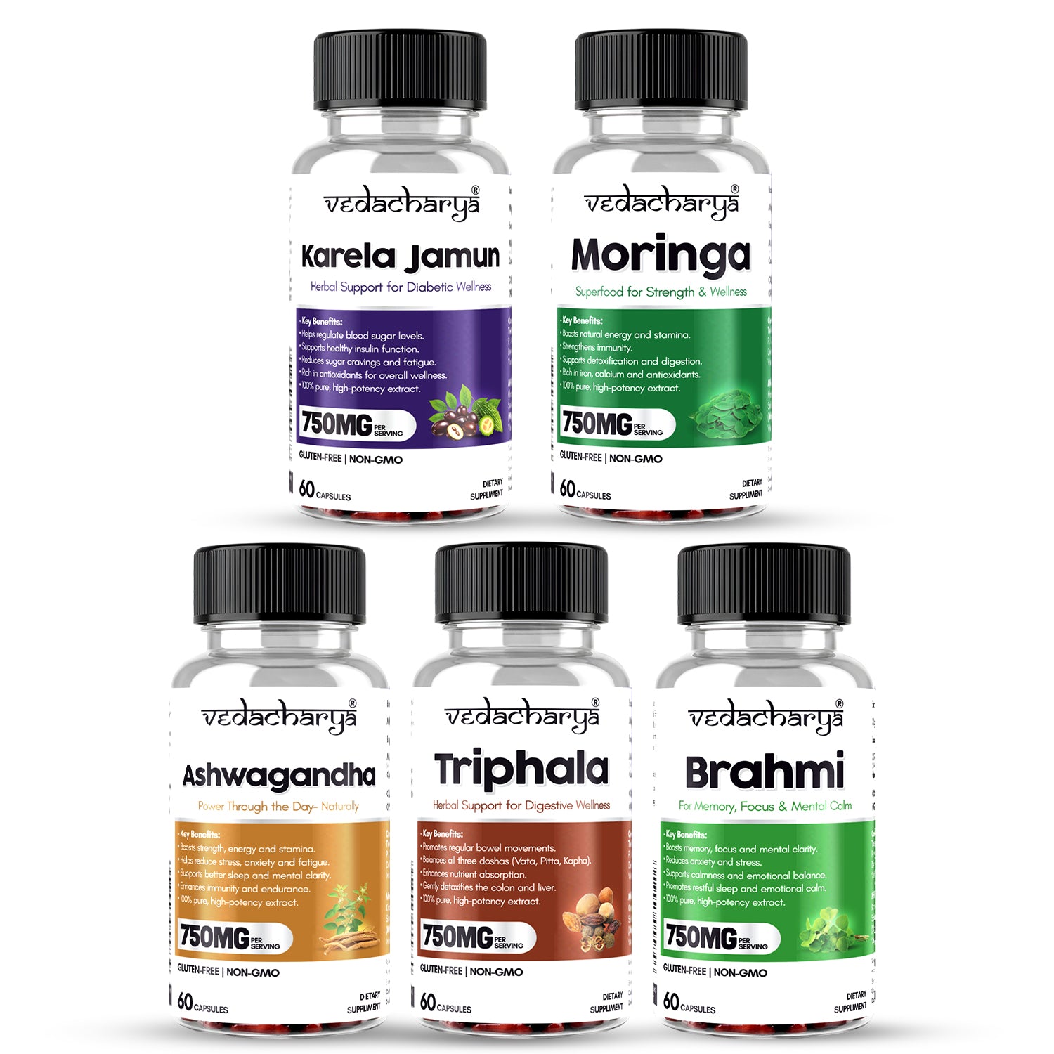 Vedacharya Triphala, Brahmi, Ashwagandha, Moringa, Karela Jamun Capsules Combo