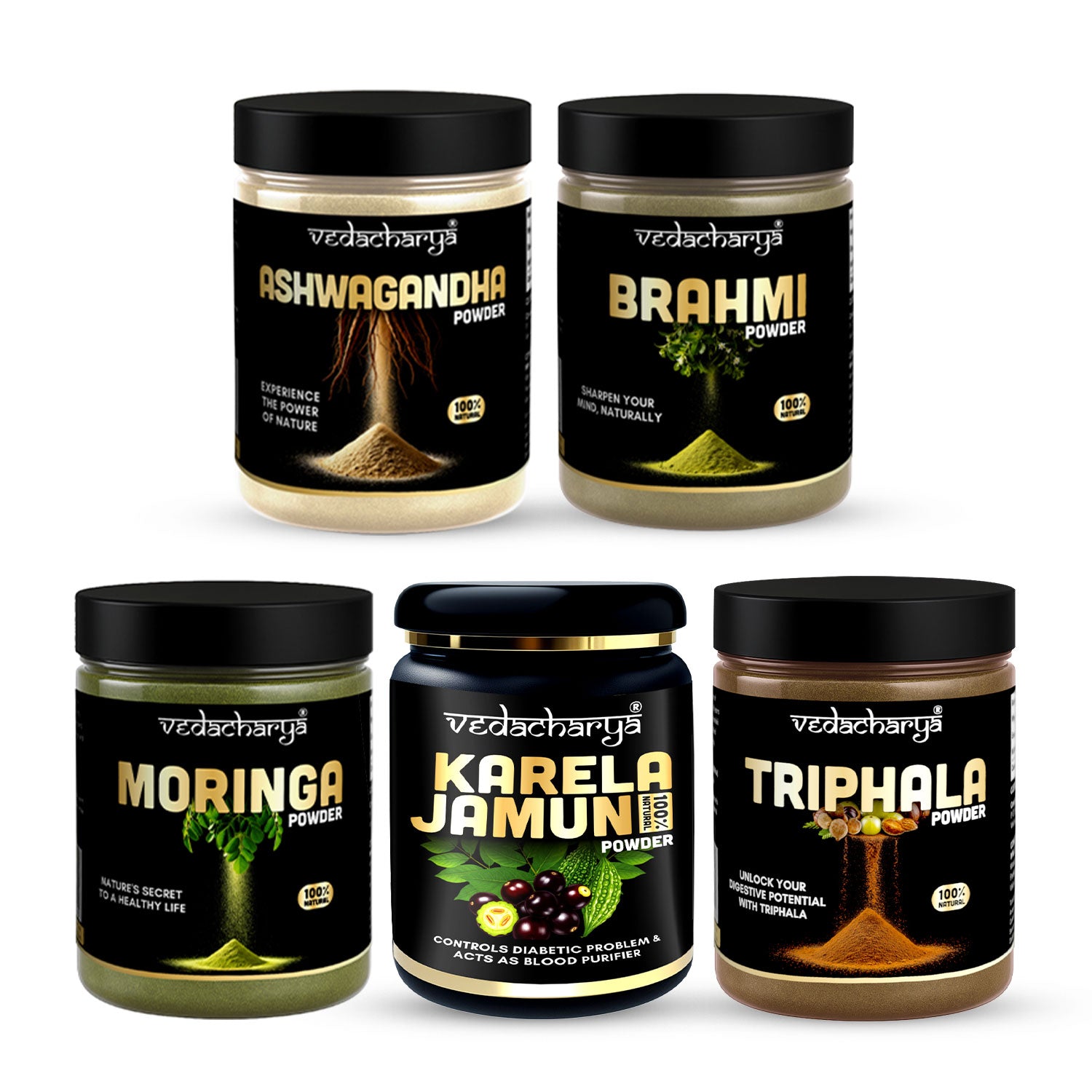 Ashwagandha, Brahmi, Moringa, Karela Jamun & Triphala Powder Combo