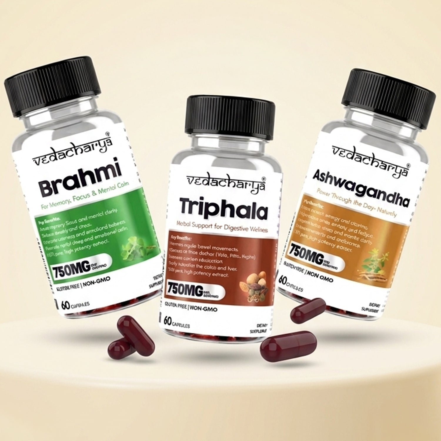 Vedacharya Ashwagandha, Triphala & Brahmi Capsules Combo