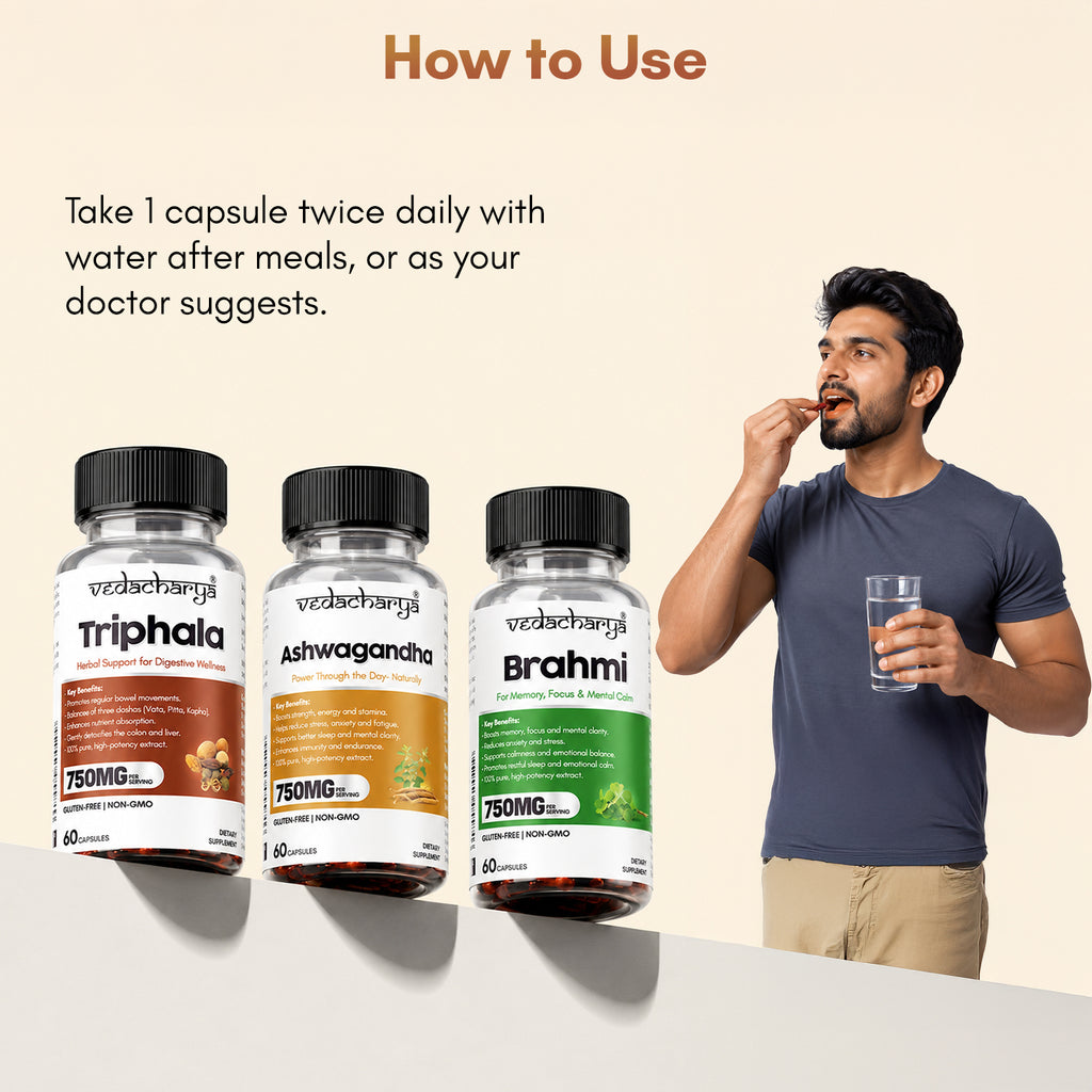 Vedacharya Ashwagandha, Triphala & Brahmi Capsules Combo