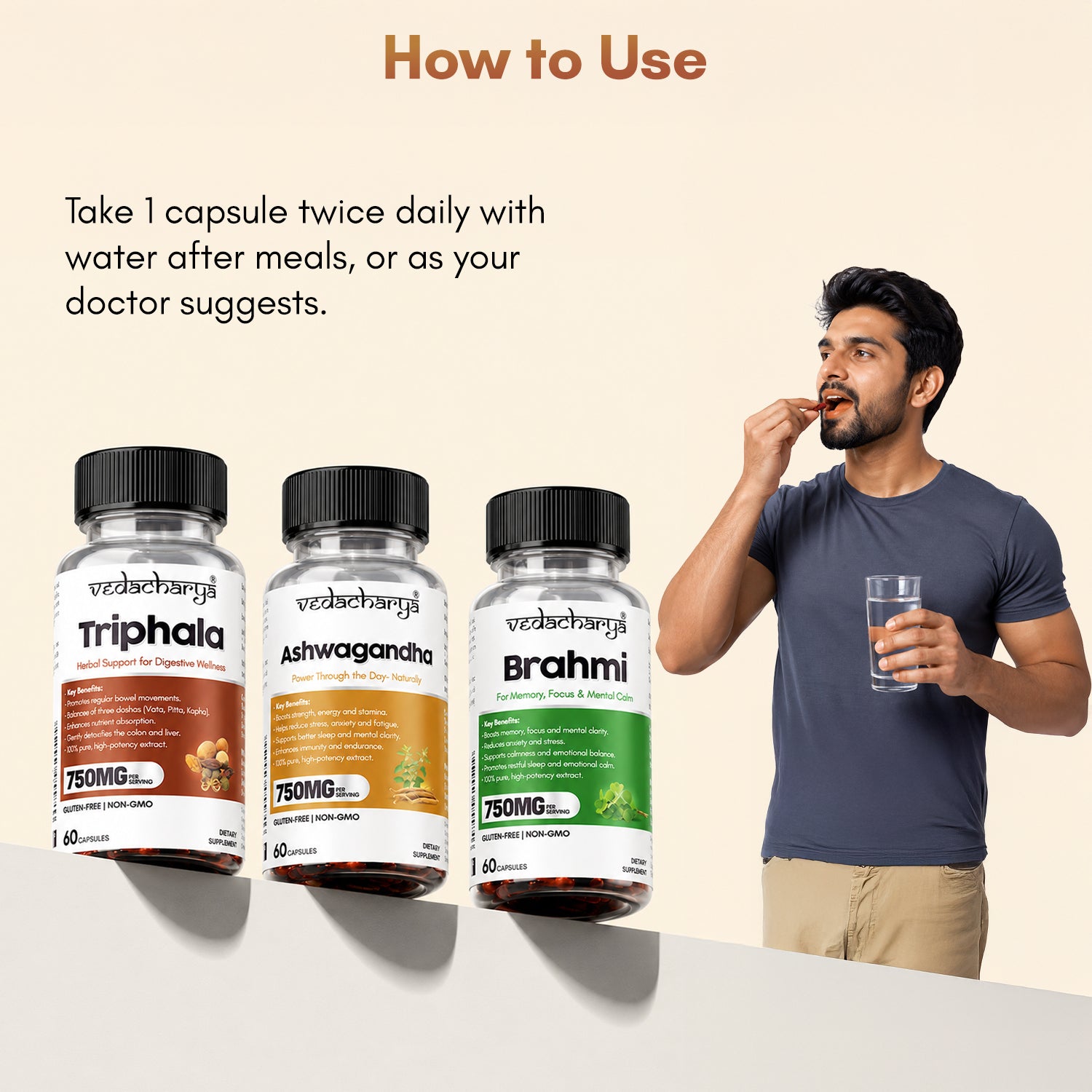Vedacharya Ashwagandha, Triphala & Brahmi Capsules Combo
