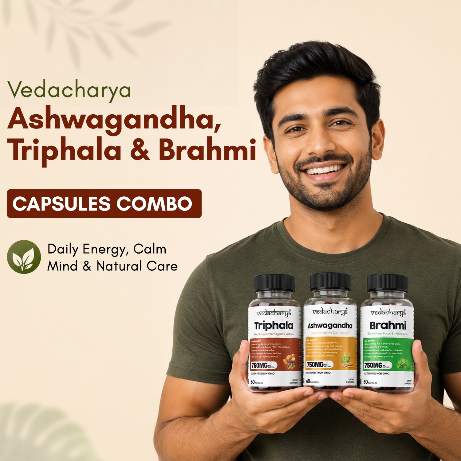Vedacharya Ashwagandha, Triphala & Brahmi Capsules Combo